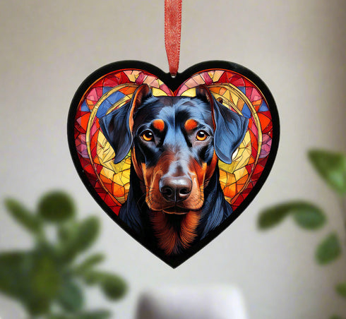 Doberman Stained Glass Effect Heart Suncatcher